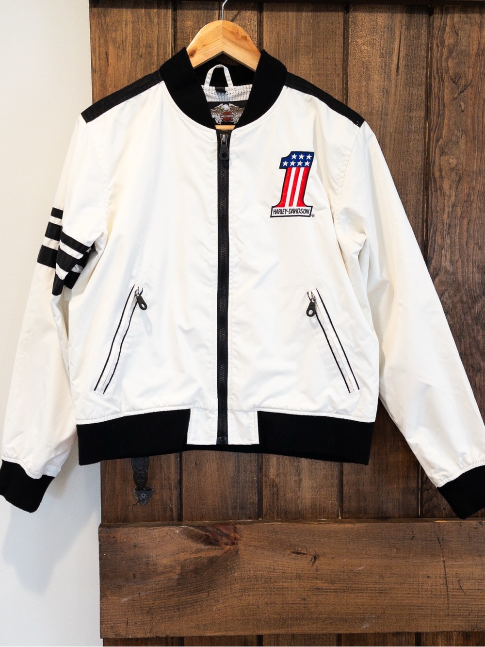 Harley-Davidson Circa Y2K 2000's White Black Nylon Moto Bomber Jacket Small
